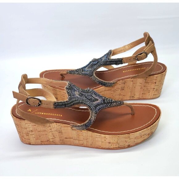 Anthropologie Women's Metallic Beaded Cork Platform Sandals Size 39 (9) 1446 - Picture 3 of 12